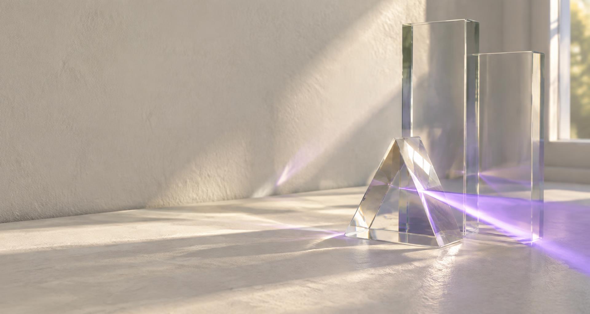 Optical glass refracting violet light across a sunlit surface